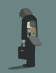 Rule 34 | 2boys, absurdres, avogado6, black footwear, black jacket, black pants, blouse, blue background, child, commentary request, facing away, formal, from side, grey hair, highres, holding, holding suitcase, jacket, multiple boys, orange shirt, original, pants, piloting, shirt, shoes, simple background, standing, suit, suitcase, tagme, translation request