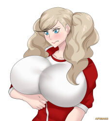 Rule 34 | 1girl, blonde hair, breasts, huge breasts, long hair, persona, persona 5, solo, takamaki anne, twintails, white background