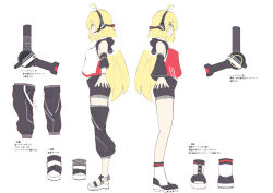 Rule 34 | 1girl, ahoge, arm warmers, asymmetrical footwear, asymmetrical legwear, asymmetrical sleeves, black legwear, black shorts, black sleeves, blonde hair, character sheet, commentary, crop top, detached sleeves, from side, hair ornament, hairclip, headset, highres, hood, leg warmers, red shirt, shigure1213, shirt, shorts, sneaker, translation request, tsurumaki maki, two-tone shirt, uneven footwear, uneven legwear, uneven sleeves, voiceroid, yellow eyes