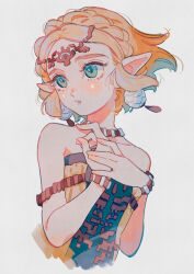 Rule 34 | 1girl, bare shoulders, blonde hair, blush, braid, cropped torso, crown braid, dress, earrings, floating hair, green eyes, highres, jewelry, necklace, nintendo, oharu-chan, pointy ears, princess zelda, short hair, simple background, solo, strapless, strapless dress, teardrop facial mark, the legend of zelda, the legend of zelda: tears of the kingdom, white background, white dress