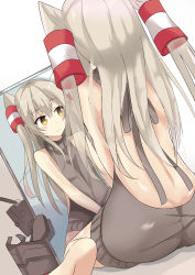 Rule 34 | 10s, 1girl, amatsukaze (kancolle), ass, backless dress, backless outfit, bare arms, bare shoulders, breasts, butt crack, dress, dutch angle, hair tubes, halterneck, highres, kantai collection, kugehi, meme attire, mirror, naked sweater, reflection, rensouhou-kun, ribbed sweater, sideboob, silver hair, sitting, small breasts, solo, sweater, sweater dress, turtleneck, turtleneck sweater, two side up, virgin killer sweater, yellow eyes