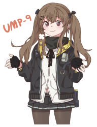 Rule 34 | 1girl, puff of air, belt, bow, brown hair, commentary, fingerless gloves, girls&#039; frontline, gloves, hair bow, hair ornament, hairclip, jacket, korean commentary, long hair, looking at viewer, neck ribbon, pantyhose, red eyes, ribbon, shirt, sidarim, simple background, skirt, smile, solo, twintails, ump9 (girls&#039; frontline), white background, white shirt