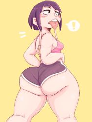 Rule 34 | !, 1girl, ass, bare shoulders, blunt bangs, blush, boku no hero academia, breasts, curvy, dumpiwumpi, from behind, highres, huge ass, jirou kyouka, looking away, open mouth, pink shirt, purple hair, shirt, short shorts, shorts, sleeveless, small breasts, solo, tank top, thick thighs, thighs, tongue, tongue out, wide hips, yellow background