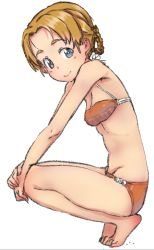 Rule 34 | 1girl, abaratani kurou, barefoot, bikini, blue eyes, braid, breasts, closed mouth, commentary, from side, full body, girls und panzer, hands on own knees, highres, looking at viewer, orange bikini, orange hair, orange pekoe (girls und panzer), parted bangs, short hair, simple background, small breasts, smile, solo, squatting, swimsuit, white background