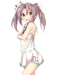 Rule 34 | 1girl, @ @, alternate costume, alternate hairstyle, amano kouki, bare shoulders, brown hair, cosplay, dress, flying sweatdrops, hair ribbon, hat, highres, kantai collection, libeccio (kancolle) (cosplay), libeccio (kancolle), long hair, open mouth, ribbon, sailor dress, simple background, sleeveless, solo, twintails, wavy mouth, zuihou (kancolle)