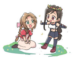Rule 34 | 2girls, aerith gainsborough, arm guards, black hair, black skirt, boots, bow, braid, braided ponytail, bright pupils, brown footwear, brown hair, chibi, dress, elbow gloves, elbow pads, final fantasy, final fantasy vii, fingerless gloves, gloves, green eyes, hands on lap, head wreath, jacket, long dress, long hair, looking at another, low-tied long hair, midriff, miniskirt, multiple girls, navel, open mouth, outstretched arms, pencil skirt, pink bow, pink dress, pleated skirt, puffy short sleeves, puffy sleeves, red footwear, red jacket, ribbon, shoelaces, short sleeves, single braid, sitting, skirt, smile, suspender skirt, suspenders, tank top, thighhighs, tifa lockhart, tsubobot, wariza, white pupils, white tank top
