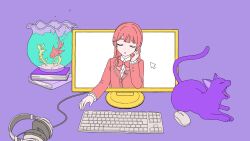 Rule 34 | 1000-nen ikiteru (vocaloid), 1girl, alternate color, blazer, bow, bowtie, cat, closed eyes, collared shirt, commentary request, cursor, facing viewer, fish, fishbowl, hair ornament, hairclip, hand up, headphones, highres, jacket, keyboard (computer), lapels, long hair, long sleeves, monitor, mouse (computer), namiko817, nijisanji, open mouth, pink bow, pink bowtie, pink hair, pink jacket, purple background, school uniform, shirt, simple background, solo, splashing, through medium, through screen, tsukino mito, tsukino mito (1st costume), unworn headphones, virtual youtuber, yawning