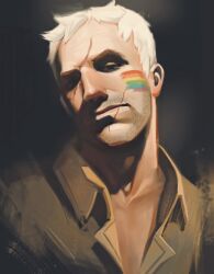 Rule 34 | 1boy, bara, beard stubble, brown shirt, collared shirt, facepaint, facial hair, head tilt, highres, jinhallz, lgbt pride, looking at viewer, male focus, mustache stubble, overwatch, rainbow flag tattoo, receding hairline, scar, scar on face, scar on forehead, scar on mouth, shirt, short hair, soldier: 76 (overwatch), solo, spotlight, stubble, topless male