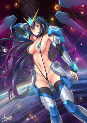 Rule 34 | 1girl, adsouto, alternate costume, aqua eyes, armor, arms up, black hair, breasts, bridal gauntlets, collarbone, elbow gloves, forehead protector, gloves, gundam, gundam build divers, gundam build divers re:rise, highres, large breasts, long hair, looking at viewer, may (gundam build divers re:rise), mecha musume, navel, revealing clothes, signature, solo, thighhighs, v-fin, very long hair