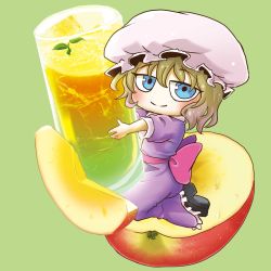 Rule 34 | apple, apple slice, blonde hair, blue eyes, bow, chamaji, chibi, commentary request, cup, dress, drinking glass, food, frills, fruit, glass, hat, highres, holding, holding cup, looking at viewer, maribel hearn, mob cap, seiza, shoes, short hair, short sleeves, simple background, sitting, smile, solo, touhou