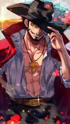 Rule 34 | 1boy, abs, beard, belt, black hair, coat, cross, cross necklace, dracule mihawk, facial hair, hand on headwear, hat, hat feather, highres, jewelry, latin cross, male focus, muscular, muscular male, mustache, necklace, one eye covered, one piece, open clothes, open shirt, pseudonoir, red coat, ringed eyes, shirt, short hair, solo, toned, white shirt, yellow eyes
