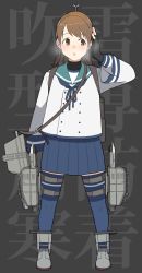 Rule 34 | 1girl, adapted costume, black gloves, blue neckerchief, blue thighhighs, breath, brown eyes, brown hair, cannon, fingerless gloves, full body, gloves, highres, kantai collection, loafers, looking to the side, low twintails, machinery, neckerchief, pleated skirt, sailor collar, school uniform, serafuku, shirayuki (kancolle), shoes, short twintails, skirt, smokestack, solo, standing, tanaka io (craftstudio), thighhighs, turret, twintails, wall of text