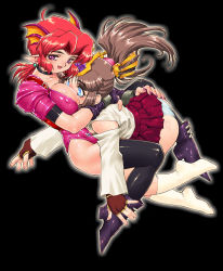 Rule 34 | 2girls, ankle boots, ass, black background, blue eyes, blush, boots, breast smother, breasts, brown hair, character request, collar, corset, detached sleeves, face to breasts, fingerless gloves, gloves, hand on ass, head wings, highres, injuu genmu, kajiyama hiroshi, long hair, looking at breasts, looking at viewer, miniskirt, multiple girls, nail polish, no bra, no shoes, outline, panties, pleated skirt, pointy ears, purple eyes, red hair, ringer bell, shakuren (injuu genmu), simple background, skirt, smile, socks, thigh boots, thighhighs, underwear, white legwear, white panties, wings, yuri