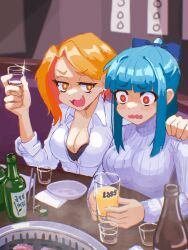 Rule 34 | 2girls, alcohol, aqua hair, beer bottle, black bra, blunt bangs, blush, bra, breasts, chopsticks, cleavage, collared shirt, commentary, cup, drinking glass, drunk, endless monday: dreams and deadlines, english commentary, fang, hand on another&#039;s shoulder, hcnone, highres, holding, holding cup, large breasts, long sleeves, multiple girls, office lady, orange eyes, orange hair, original, penny (hcnone), plate, shirt, short hair, shot glass, sidelocks, sparkle, sweater, table, unbuttoned, unbuttoned shirt, underwear, upper body, wavy mouth, whiskey (hcnone), white shirt, white sweater