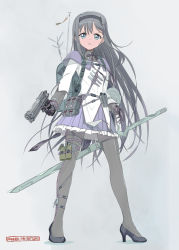 Rule 34 | 1girl, akemi homura, ammunition, backpack, bag, belt, belt pouch, black footwear, black gloves, black hair, black hairband, black pantyhose, buckle, capelet, explosive, full body, gloves, grenade, gun, hairband, handgun, high heels, highres, holding, holding gun, holding weapon, kawasaki kazuhiko, knife, long hair, long sleeves, looking at viewer, magical girl, mahou shoujo madoka magica, mahou shoujo madoka magica (anime), military, open mouth, pantyhose, pistol, pleated skirt, pouch, shield, shoes, simple background, skirt, solo, standing, sword, thigh strap, weapon