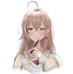 Rule 34 | 1girl, :/, ahoge, berry, blush, brown eyes, brown hair, earrings, glasses, highres, holding, holding stylus, hololive, hololive english, jewelry, long hair, multicolored hair, nanashi mumei, nanashi mumei (casual), official alternate costume, red shirt, round eyewear, runes, shirt, sleeves past wrists, streaked hair, stylus, sweater, vhonnou, virtual youtuber, white sweater