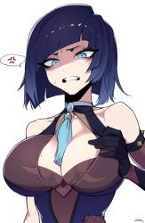 Rule 34 | 1girl, anger vein, blue eyes, blue hair, breasts, cleavage, dice, disgust, genshin impact, grimace, j.k., large breasts, looking at viewer, mole, mole on breast, short hair, signature, simple background, solo, spoken anger vein, tassel choker, teeth, white background, yelan (genshin impact)