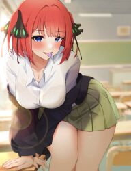 Rule 34 | 1girl, arm support, black cardigan, blue eyes, blush, breasts, butterfly hair ornament, candy, cardigan, chair, chalkboard, classroom, cleavage, collarbone, collared shirt, desk, food, food in mouth, go-toubun no hanayome, green skirt, hair ornament, highres, kakato 0, leaning forward, lollipop, long sleeves, looking at viewer, medium breasts, medium hair, miniskirt, nakano nino, open cardigan, open clothes, open mouth, pleated skirt, red hair, school chair, school desk, school uniform, shirt, skirt, solo, standing, thighs, two side up, white shirt