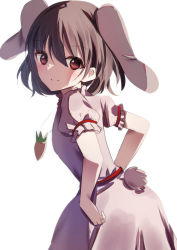 Rule 34 | 1girl, ahoge, animal ears, back, bad id, bad twitter id, belt, blush, breasts, brown hair, carrot necklace, closed mouth, dress, eyelashes, eyes visible through hair, from behind, hair between eyes, hand on own hip, highres, inaba tewi, jewelry, looking back, medium breasts, natsume suzuri, necklace, pink dress, puffy short sleeves, puffy sleeves, rabbit ears, rabbit tail, red belt, red eyes, short hair, short sleeves, simple background, smile, solo, standing, tail, touhou, white background
