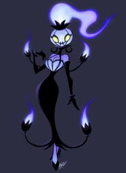 Rule 34 | 1girl, artist name, awd!, bare shoulders, black dress, black footwear, black gloves, breasts, candle, cave cody, chandelure, commentary, contrapposto, creatures (company), crossed legs, dress, elbow gloves, english commentary, female focus, fiery hair, fire, full body, game freak, gen 5 pokemon, ghost, gloves, glowing, glowing eyes, high heels, large breasts, looking at viewer, nintendo, no humans, no pupils, personification, pokemon, pokemon (creature), purple background, purple fire, simple background, smile, solo, standing