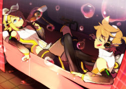 Rule 34 | 1boy, 1girl, bandaid, bathtub, black thighhighs, blonde hair, blue eyes, breasts, brother and sister, bubble, detached sleeves, food, hair ornament, hairclip, headphones, highres, kagamine len, kagamine len (append), kagamine rin, kagamine rin (append), kl (dgzonbi), navel, pocky, siblings, small breasts, thighhighs, twins, vocaloid, vocaloid append