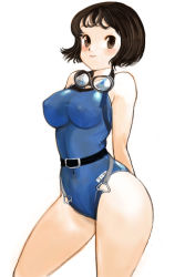 Rule 34 | 1girl, arms behind back, bare shoulders, breasts, brown eyes, brown hair, goggles, kazaana, large breasts, one-piece swimsuit, original, short hair, smile, solo, swimsuit