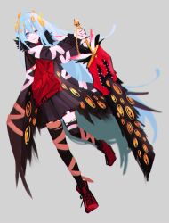 Rule 34 | 0o0onnk, 1girl, bandaged arm, bandaged leg, bandages, black coat, black skirt, black thighhighs, black wings, coat, e.g.o (project moon), employee (project moon), extra eyes, full body, highres, holding, holding sword, holding weapon, lobotomy corporation, low wings, project moon, red footwear, red sweater, shoes, simple background, skirt, solo, sweater, sword, thighhighs, weapon, white background, wings