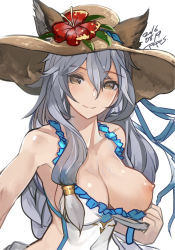 Rule 34 | 10s, 1girl, animal ears, bad id, bad pixiv id, breasts, brown eyes, cleavage, dated, ears through headwear, erune, granblue fantasy, grey hair, hat, heles, heles (summer) (granblue fantasy), huge breasts, long hair, looking at viewer, nipples, one-piece swimsuit, one breast out, pupps, simple background, smile, solo, sun hat, swimsuit, veins, veiny breasts, white background