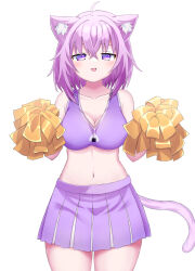 Rule 34 | 1girl, :3, absurdres, ahoge, animal ear fluff, animal ears, blush, bra, breasts, cat ears, cat tail, cheerleader, cleavage, collarbone, commentary request, cowboy shot, crossed bangs, curvy, eyebrows hidden by hair, facing viewer, hair between eyes, highres, hololive, kajitsu no hito, large breasts, looking at viewer, medium hair, midriff, miniskirt, nekomata okayu, onigiri print, open mouth, pleated skirt, pom pom (cheerleading), purple bra, purple eyes, purple hair, purple skirt, purple tail, simple background, skirt, smile, solo, sparkling eyes, spiked hair, sports bra, standing, stomach, straight-on, tail, underwear, virtual youtuber, white background