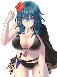 Rule 34 | 0701mono, 1girl, belt, bikini, black belt, black bikini, black cape, blue eyes, blue hair, breasts, byleth (female) (fire emblem), byleth (fire emblem), cape, commentary request, cowboy shot, dagger, fire emblem, fire emblem: three houses, fire emblem heroes, flower, hair between eyes, hair flower, hair ornament, hand up, hibiscus, highres, knife, large breasts, long hair, looking at viewer, navel, nintendo, official alternate costume, red flower, simple background, single bare shoulder, solo, standing, stomach, swimsuit, thighs, weapon, white background