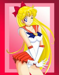 Rule 34 | 1990s (style), aino minako, bishoujo senshi sailor moon, blonde hair, blue eyes, covered erect nipples, miniskirt, panties, sailor venus, skirt, underwear, wink