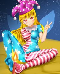 Rule 34 | 1girl, american flag dress, bad anatomy, bad feet, blonde hair, candle, clenched teeth, clownpiece, fairy wings, feet, grin, hat, highres, honda takaharu, jester cap, open mouth, pantyhose, poorly drawn, red eyes, smile, soles, solo, spread legs, striped clothes, striped pantyhose, teeth, touhou, v, wings