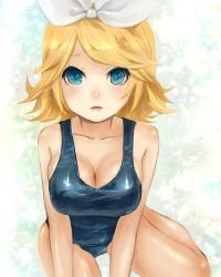 Rule 34 | 1girl, bad id, bad pixiv id, blonde hair, blue eyes, breasts, cleavage, hair ribbon, kagamine rin, large breasts, one-piece swimsuit, ribbon, school swimsuit, senbei (roof-lock), short hair, solo, swimsuit, vocaloid