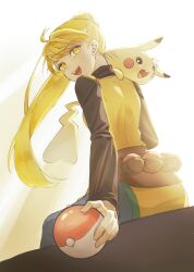Rule 34 | 1girl, :d, ayan ip, blonde hair, commentary, creatures (company), game freak, gen 1 pokemon, highres, holding, holding poke ball, long hair, long sleeves, looking back, nintendo, on shoulder, open mouth, pants, pikachu, poke ball, poke ball (basic), pokemon, pokemon (creature), pokemon adventures, pokemon on shoulder, ponytail, shirt, sitting, smile, teeth, tongue, upper teeth only, yellow (pokemon), yellow eyes