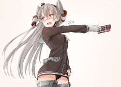 Rule 34 | 10s, 1girl, amatsukaze (kancolle), arched back, averting eyes, bad id, bad twitter id, black panties, blush, box, brown dress, brown eyes, choker, dress, fang, garter straps, gift, gift box, gloves, hair between eyes, hair tubes, hand on own hip, holding, holding gift, kantai collection, long hair, open mouth, panties, remil, sailor collar, sailor dress, short dress, silver hair, single glove, solo, thighhighs, tsundere, two side up, underwear, valentine, white gloves
