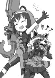 Rule 34 | 10s, 1boy, 1girl, angry, animal ears, bad id, bad twitter id, common raccoon (kemono friends), cosplay, costume switch, crossover, embarrassed, fang, gloves, greyscale, guardians of the galaxy, gun, height difference, huge weapon, kemono friends, kinosuke (sositeimanoga), marvel, marvel cinematic universe, monochrome, multicolored hair, raccoon, raccoon ears, rocket raccoon, short hair, skirt, two-tone hair, weapon