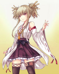Rule 34 | 1girl, aoki hagane no arpeggio, bare shoulders, black thighhighs, blonde hair, breasts, brown skirt, cleavage, collarbone, cosplay, detached sleeves, gairou (takakuan), hakama, hakama skirt, highres, japanese clothes, kantai collection, kongou (aoki hagane no arpeggio), kongou (kancolle), kongou (kancolle) (cosplay), lips, looking at viewer, medium breasts, miniskirt, name connection, nontraditional miko, parted lips, pleated skirt, short twintails, skirt, skirt set, solo, thighhighs, twintails, zettai ryouiki