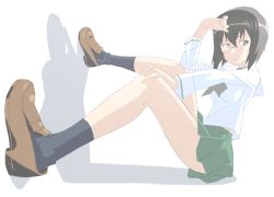 Rule 34 | 10s, 1girl, black hair, blue socks, brown eyes, choker, feet against wall, foreshortening, from side, full body, girls und panzer, glasses, green skirt, hair between eyes, hand on own head, hand on own knee, highres, kawashima momo, kurai nao, legs, legs up, loafers, long legs, long sleeves, looking at viewer, monocle, ooarai school uniform, pleated skirt, school uniform, serious, shadow, shirt, shoes, short hair, simple background, sitting, skirt, socks, solo, thighs, untucked shirt, white background