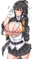 Rule 34 | 1girl, absurdres, belt, bikini, black belt, black hair, breasts, breasts out, cleavage, closed mouth, gloves, grey skirt, hachimaki, headband, highres, kantai collection, large breasts, looking at viewer, miniskirt, nipples, orange eyes, pleated skirt, ponytail, simple background, skirt, smile, solo, swimsuit, toshimasa (ztvy3575), uniform, upper body, variant set, white background, white gloves, yahagi (kancolle), yahagi kai ni (kancolle)