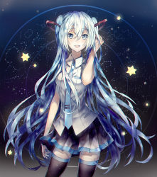 Rule 34 | 1girl, artist request, black thighhighs, blue necktie, blush, constellation, cowboy shot, dress, female focus, green eyes, green hair, hatsune miku, headphones, highres, long hair, looking at viewer, necktie, open mouth, shirt, sleeveless, smile, solo, source request, standing, star (symbol), starry background, thighhighs, twintails, vocaloid, white shirt