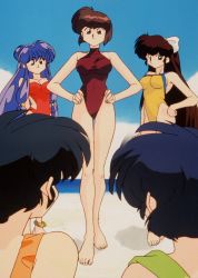 Rule 34 | 1980s (style), 5girls, bare legs, beach, blue eyes, breasts, brown hair, brown one-piece swimsuit, covered navel, curvy, double bun, hair bun, hands on own hips, highleg, highleg swimsuit, highres, kuonji ukyou, large breasts, long hair, looking at another, medium breasts, medium hair, multiple girls, nakajima atsuko, oldschool, one-piece swimsuit, ponytail, purple hair, ranma 1/2, retro artstyle, screencap, shampoo (ranma 1/2), smile, swimsuit, tendou nabiki