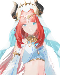 Rule 34 | 1girl, absurdres, aqua eyes, bad id, bad pixiv id, blue veil, blush, breasts, brooch, detached sleeves, eyelashes, genshin impact, harem outfit, headdress, highres, horns, jewelry, long hair, looking at viewer, midriff, navel, nilou (genshin impact), red hair, simple background, small breasts, smile, solo, umenoume, upper body, veil, very long hair, white background