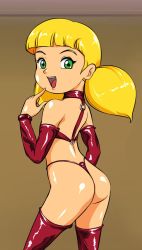 Rule 34 | 1girl, ass, blonde hair, blunt bangs, bondage outfit, breasts, brown background, cowboy shot, dominatrix, elbow gloves, female focus, gloves, green eyes, inspector gadget, latex, looking at viewer, looking back, low twintails, open mouth, penny (inspector gadget), pepipopo, revealing clothes, simple background, smile, solo, standing, teeth, thighhighs, thong, twintails, upper teeth only