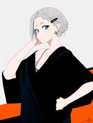 Rule 34 | 1girl, black shirt, blue eyes, camisole, closed mouth, earrings, grey hair, grey shirt, hair ornament, hairclip, hand in own hair, hand on own hip, highres, jewelry, looking at viewer, looking to the side, mee (sohin), original, pointy ears, shirt, shirt under shirt, short hair, signature, slit pupils, sohin, solo, upper body