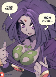 Rule 34 | 1girl, beast boy (dc), breasts, bridal gauntlets, cleavage, collarbone, colored skin, creux, d:, dc comics, english text, gem, grey background, highres, large breasts, medium hair, multicolored hair, nail polish, open mouth, parted bangs, patreon logo, patreon username, pink eyes, pink hair, pink skin, purple hair, raven (dc), simple background, solo, speech bubble, sweat, teeth, two-tone hair, upper body, upper teeth only