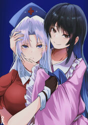 Rule 34 | 2girls, absurdres, black hair, blue background, breasts, commentary request, frilled sailor collar, frills, grey hair, hands on another&#039;s head, hat, highres, holding another&#039;s arm, houraisan kaguya, large breasts, long hair, looking at viewer, multiple girls, nurse cap, pink shirt, sailor collar, shirt, signature, simple background, smile, split-color clothes, straight hair, touhou, upper body, very long hair, wide sleeves, yagokoro eirin, yagoro kusuriya