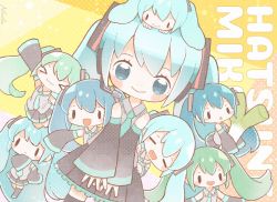 Rule 34 | &gt; &lt;, 6+girls, :&lt;, :3, aqua hair, aqua necktie, black legwear, black skirt, blue hair, blush, character name, closed eyes, closed mouth, detached sleeves, green hair, grey shirt, hair ornament, hatsune miku, headphones, headset, highres, holding, long hair, multiple girls, nada namie, necktie, on head, open mouth, pleated skirt, shirt, signature, simple background, skirt, sleeveless, sleeveless shirt, sleeves past fingers, sleeves past wrists, smile, spring onion, thighhighs, twintails, vocaloid, wide sleeves