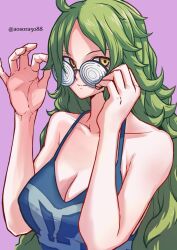 Rule 34 | 1girl, alternate costume, aosora2823, bare shoulders, breasts, cleavage, glasses, green hair, highres, long hair, medium breasts, monet (one piece), one piece, solo, twitter username, yellow eyes