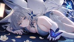 Rule 34 | 1girl, animal ear fluff, animal ears, azur lane, bare shoulders, blue butterfly, blue dress, blue eyes, blush, breasts, bug, butterfly, dress, feather boa, fox ears, grey hair, hair ornament, insect, large breasts, long hair, looking at viewer, lying, multiple tails, official art, on stomach, purple eyes, ribbon, shinano (azur lane), shinano (dreams of the hazy moon) (azur lane), solo, tail, thighs, tokki