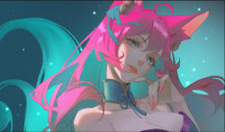Rule 34 | 1girl, ahri (league of legends), animal ears, asami okutoshioku, bell, blue eyes, breasts, cleavage, fingernails, fox ears, fox girl, hair ribbon, large breasts, league of legends, long hair, looking at viewer, medium breasts, night, night sky, official alternate costume, official alternate hairstyle, outdoors, parted lips, pink hair, pink nails, ribbon, sky, smile, solo, spirit blossom (league of legends), spirit blossom ahri, upper body
